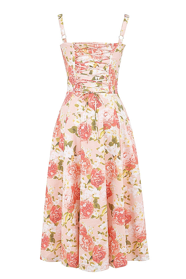 CARMEN PINK PEONY PRINT COTTON BUSTIER SUNDRESS MIDI DRESS - Pink