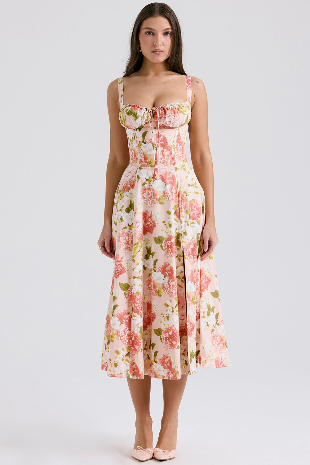 CARMEN PINK PEONY PRINT COTTON BUSTIER SUNDRESS MIDI DRESS - Pink