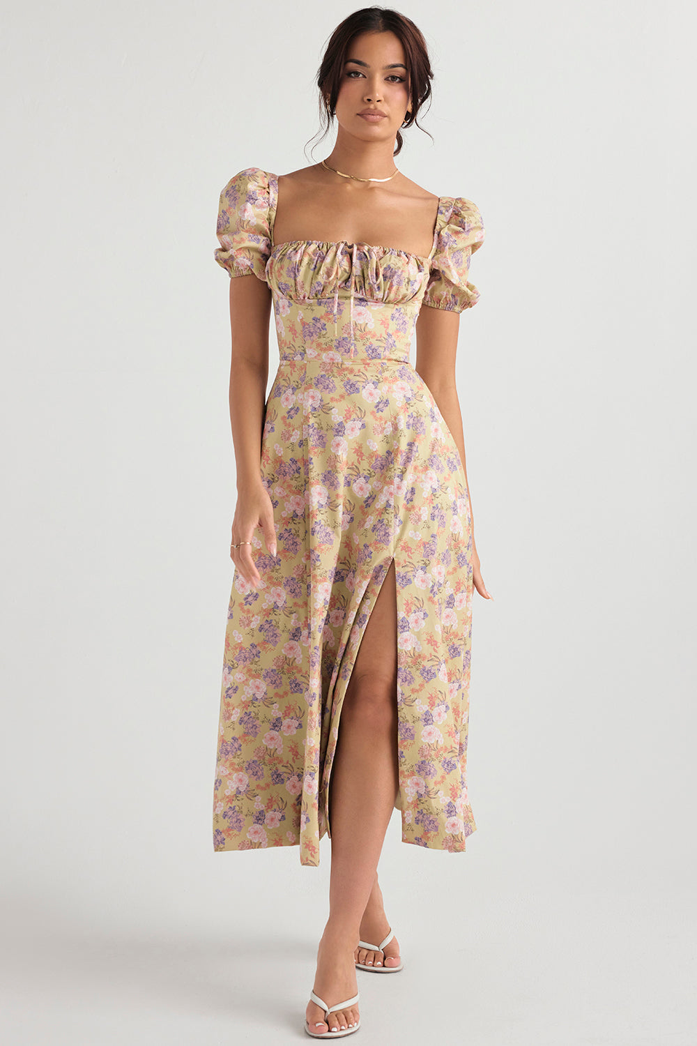 TALLULAH PEONY PRINT FLORAL PUFF SLEEVE MAXI / MIDI DRESS - Beige