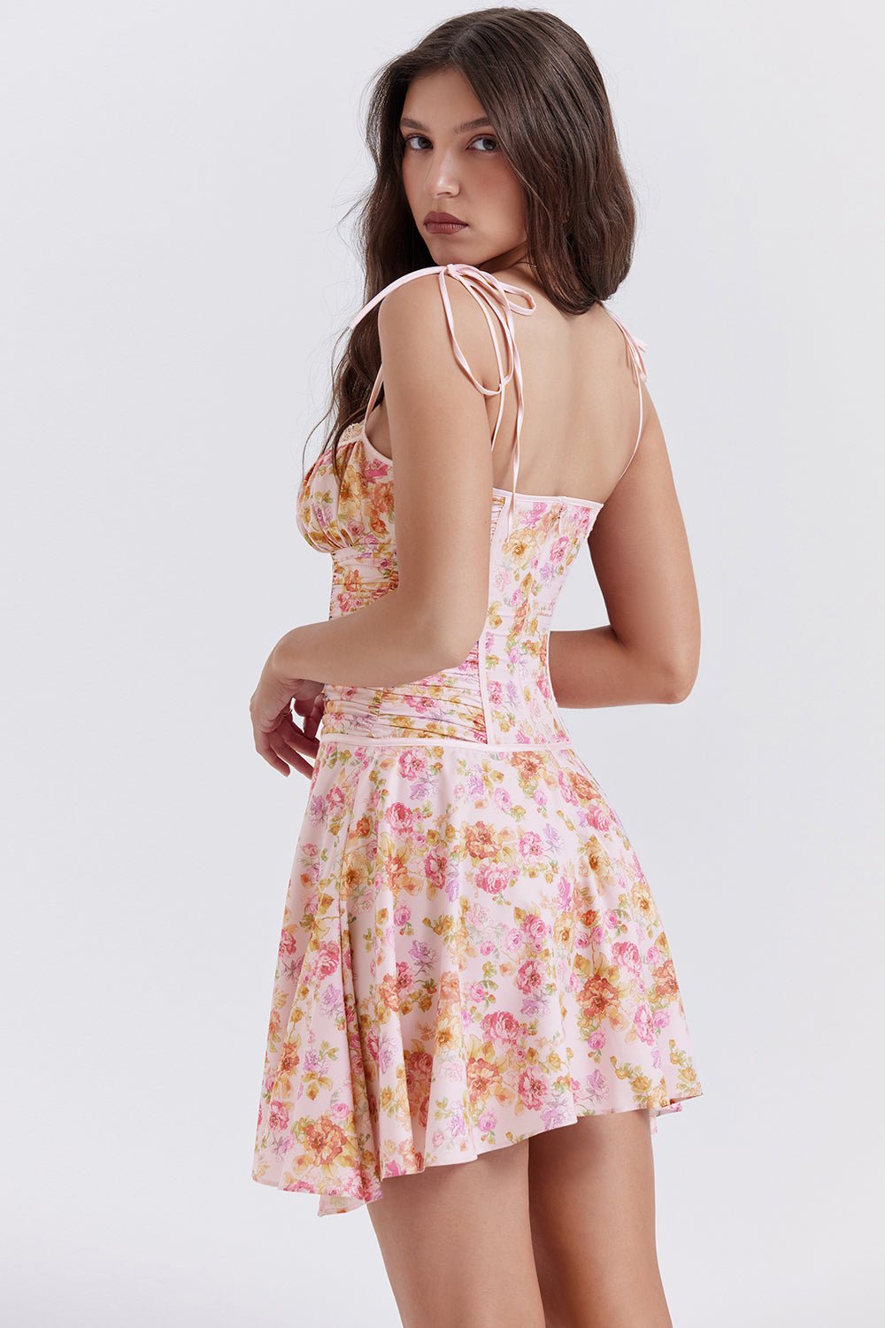 ALEJANDRA LIGHT LAVENDER FLOWER PRINT CORSET MINI DRESS - Beige