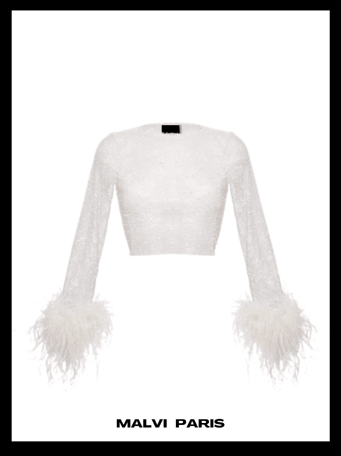 ALICIA RHINESTONE EMBELLISHED CROP TOP FEATHERS LONG SLEEVES - White