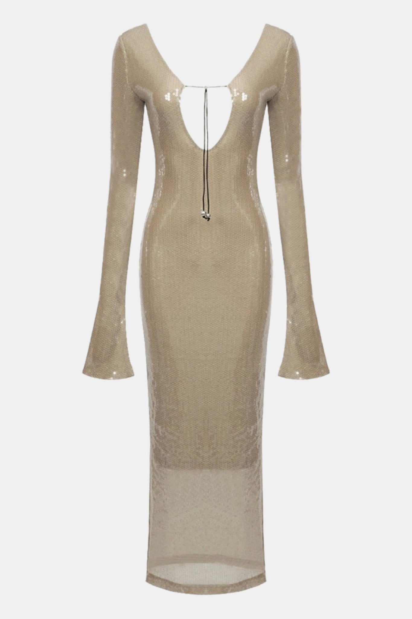 ALMA LONG SLEEVE EMBELLISHED SEQUIN MAXI DRESS - Beige golden