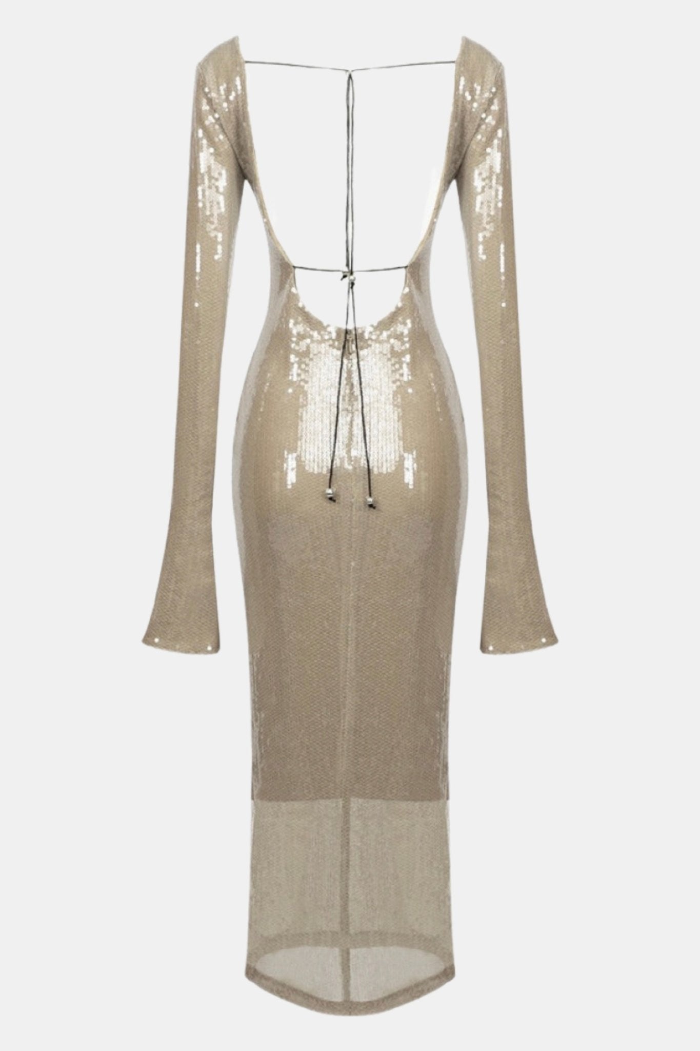 ALMA LONG SLEEVE EMBELLISHED SEQUIN MAXI DRESS - Beige golden