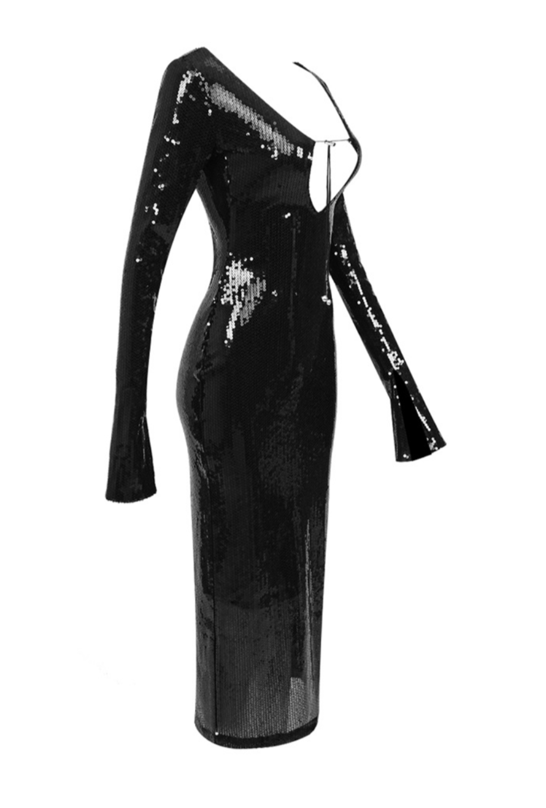 ALMA LONG SLEEVE EMBELLISHED SEQUIN MAXI DRESS - BLACK