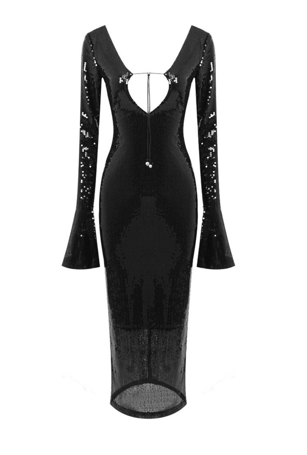 luxe aesthetic black sequin long sleeve two-piece maxi dress ALMA LONG SLEEVE EMBELLISHED SEQUIN MAXI DRESS