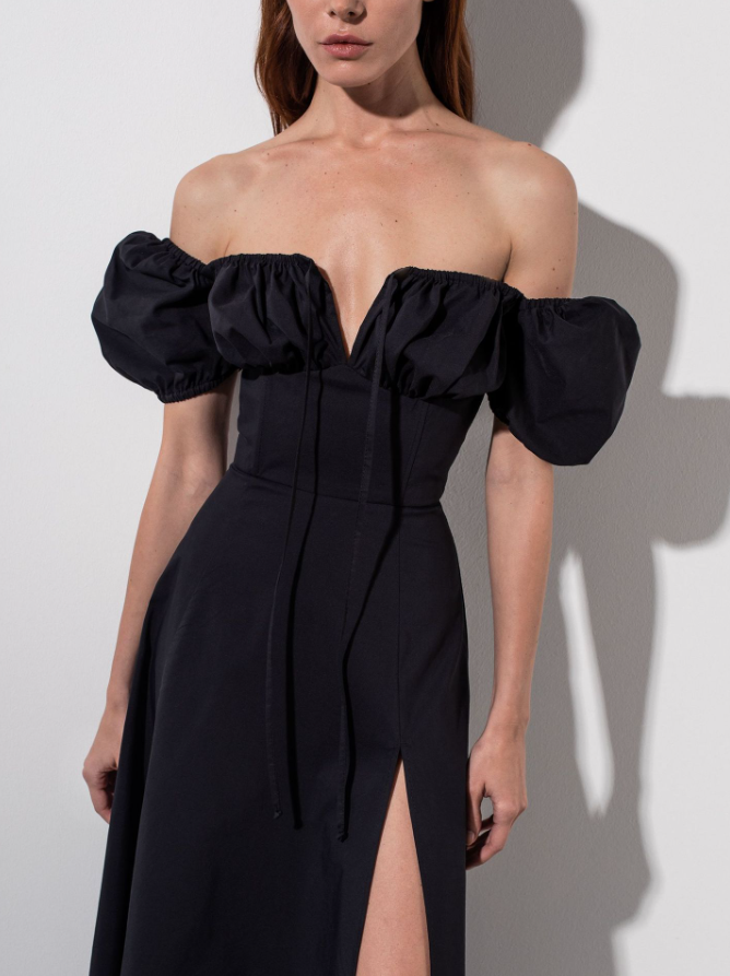 TALLULAH PUFF SLEEVE MIDI DRESS - Black