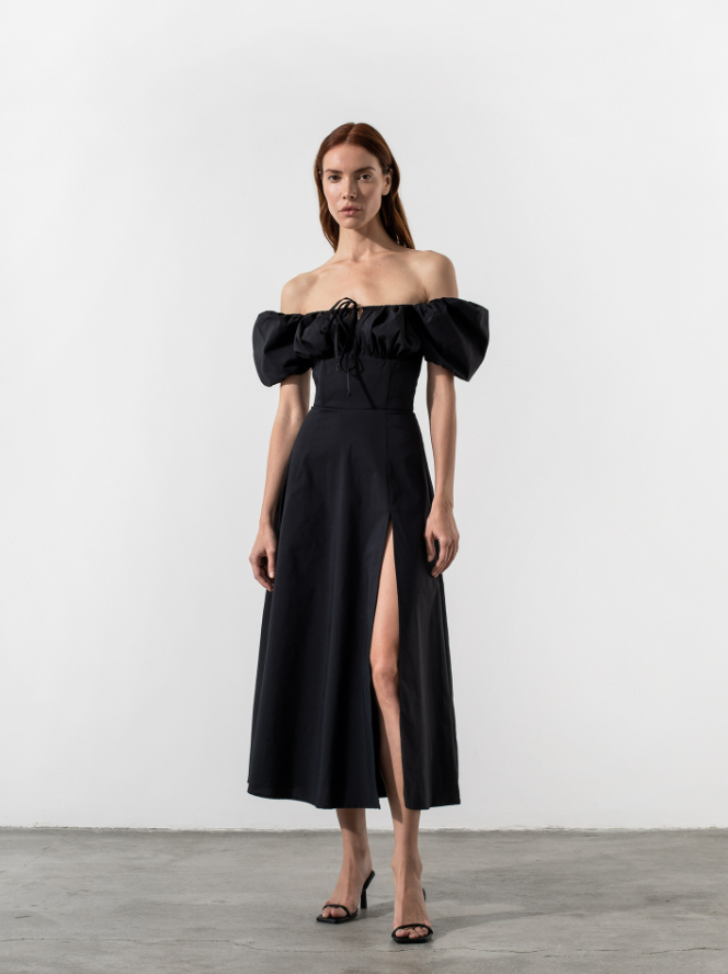 TALLULAH PUFF SLEEVE MIDI DRESS - Black