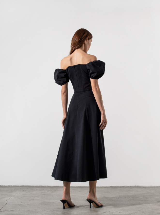 TALLULAH PUFF SLEEVE MIDI DRESS - Black