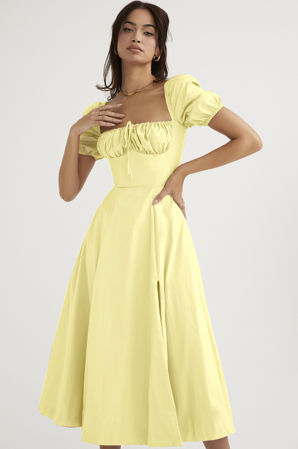 TALLULAH PUFF SLEEVE MIDI DRESS - Yellow