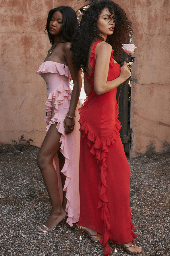 ARIELA CHERRY RUFFLE ASYMMETRIC COCKTAIL MAXI DRESS - Red
