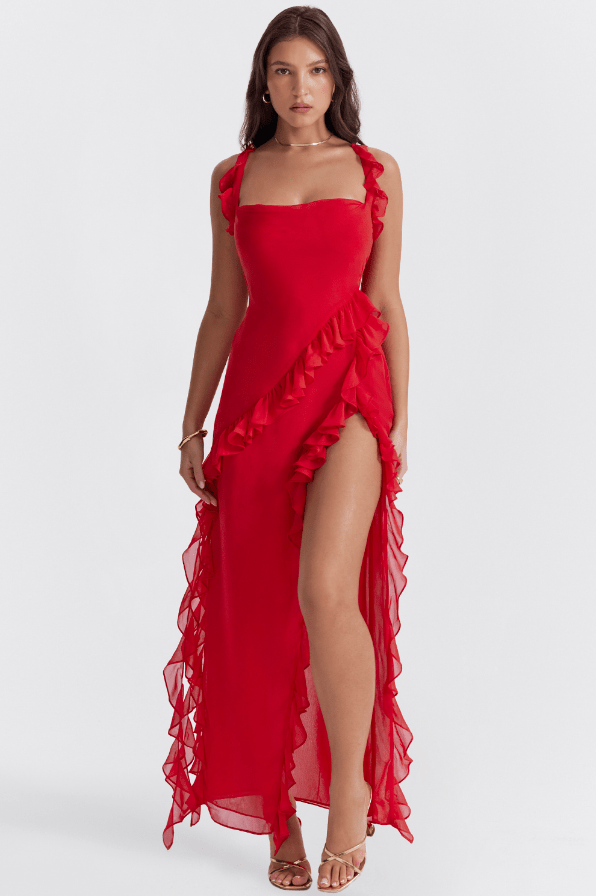 ARIELA CHERRY RUFFLE ASYMMETRIC COCKTAIL MAXI DRESS - Red