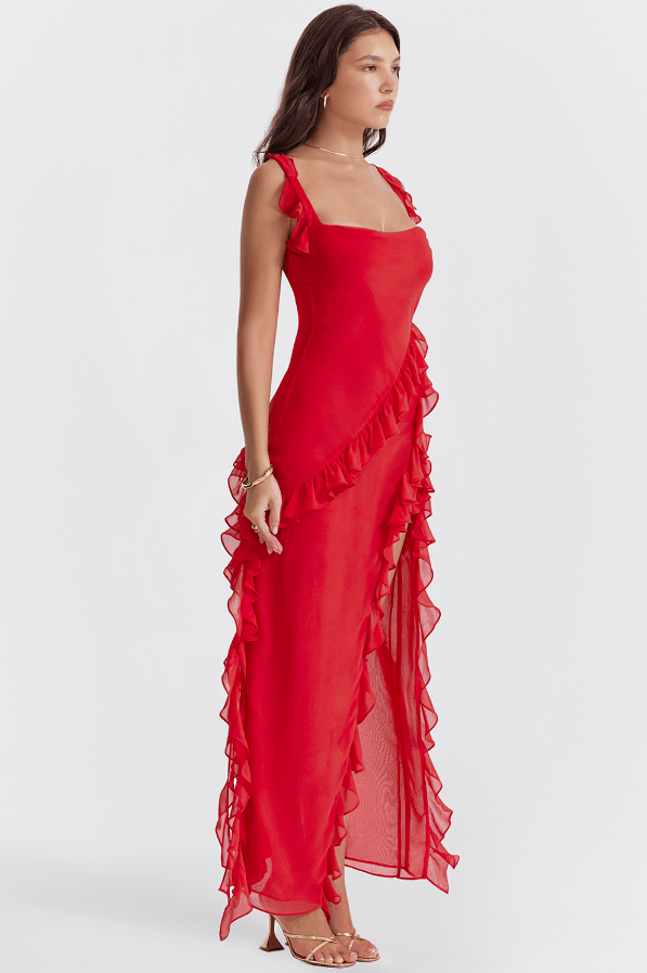 ARIELA CHERRY RUFFLE ASYMMETRIC COCKTAIL MAXI DRESS - Red
