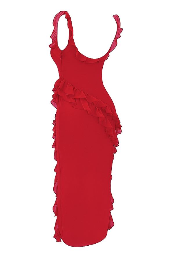 ARIELA CHERRY RUFFLE ASYMMETRIC COCKTAIL MAXI DRESS - Red