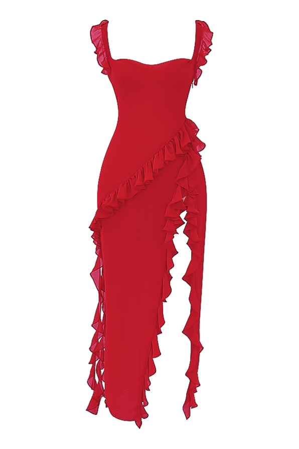 ARIELA CHERRY RUFFLE ASYMMETRIC COCKTAIL MAXI DRESS - Red