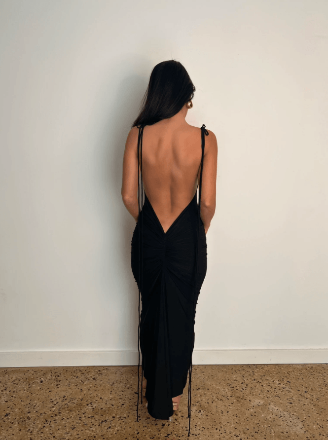 AZARI JET BLACK RUCHED BACKLESS MAXI DRESS - Black