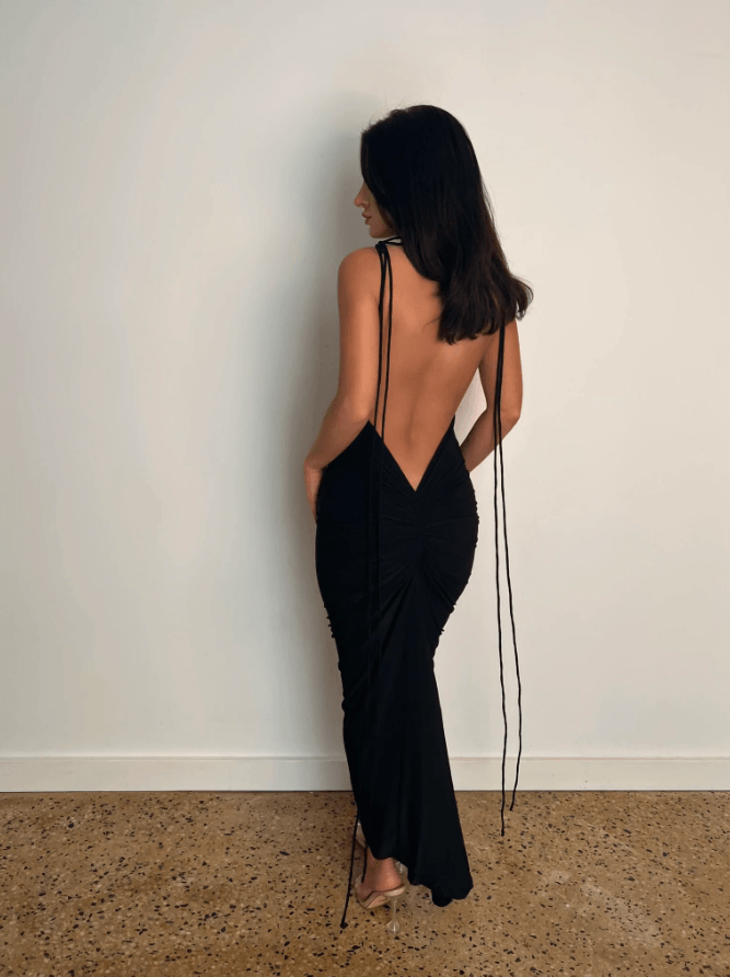 AZARI JET BLACK RUCHED BACKLESS MAXI DRESS - Black