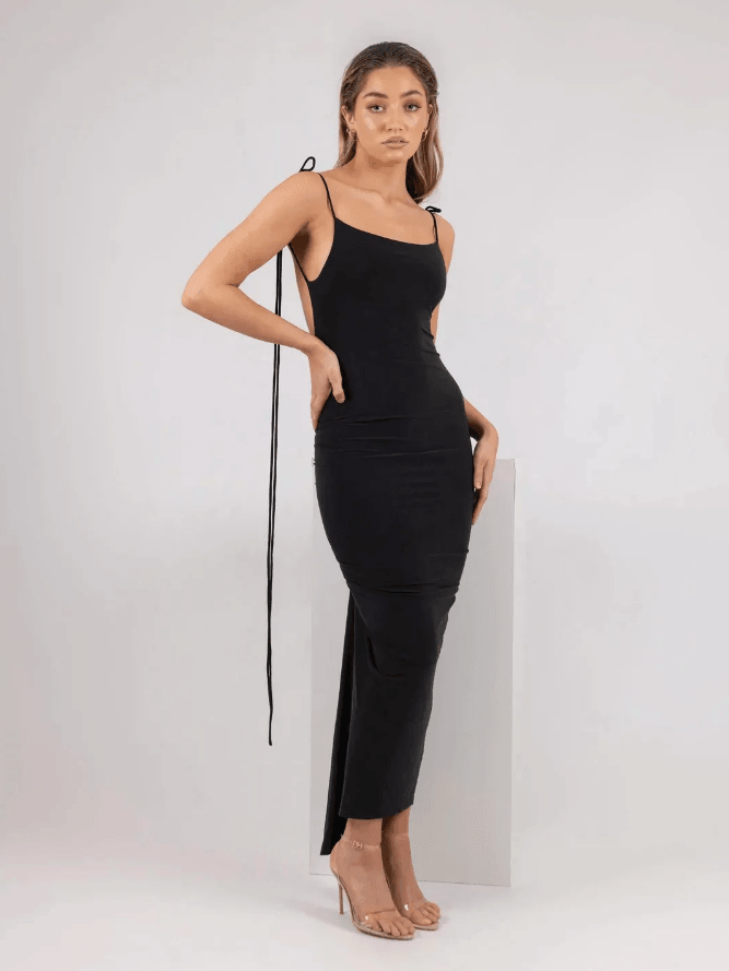AZARI JET BLACK RUCHED BACKLESS MAXI DRESS - Black
