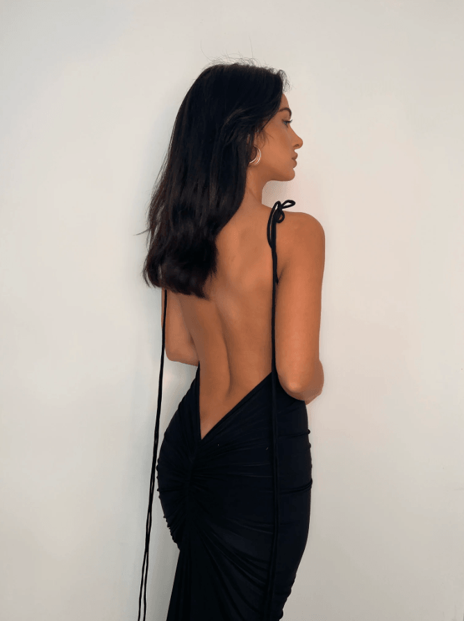 AZARI JET BLACK RUCHED BACKLESS MAXI DRESS - Black