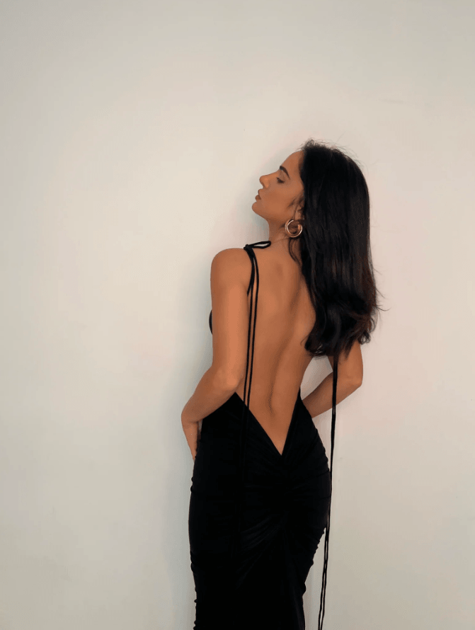 AZARI JET BLACK RUCHED BACKLESS MAXI DRESS - Black