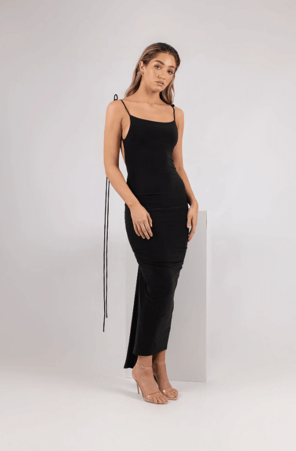 AZARI JET BLACK RUCHED BACKLESS MAXI DRESS - Black