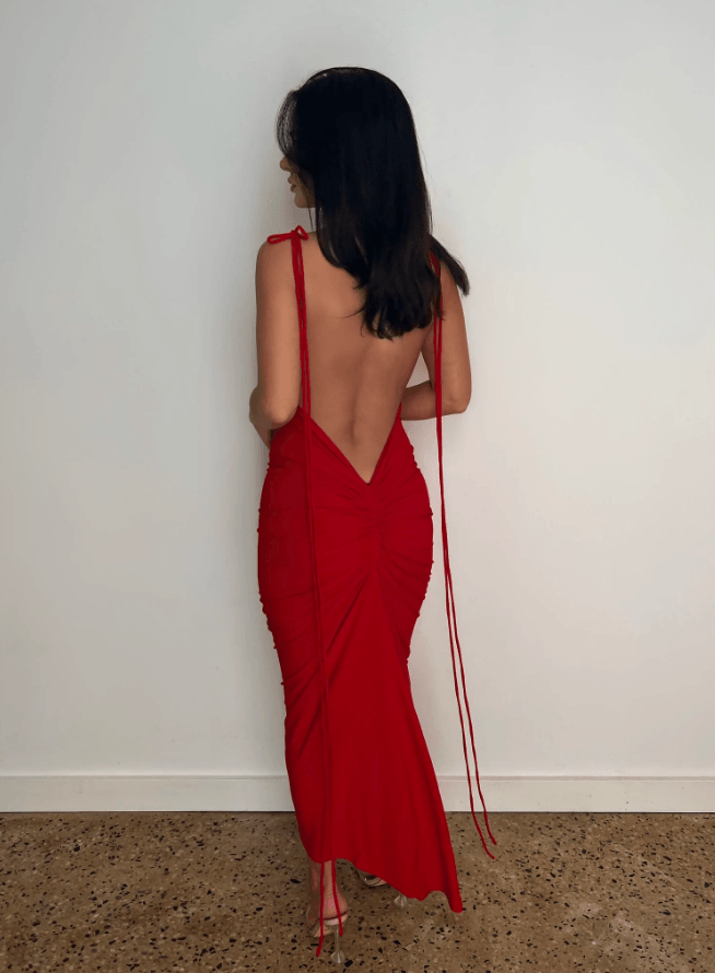 AZARI RED RUCHED BACKLESS MAXI DRESS - Red