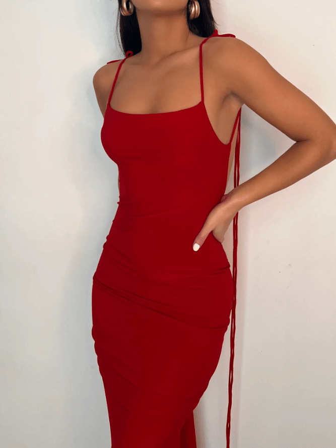 AZARI RED RUCHED BACKLESS MAXI DRESS - Red