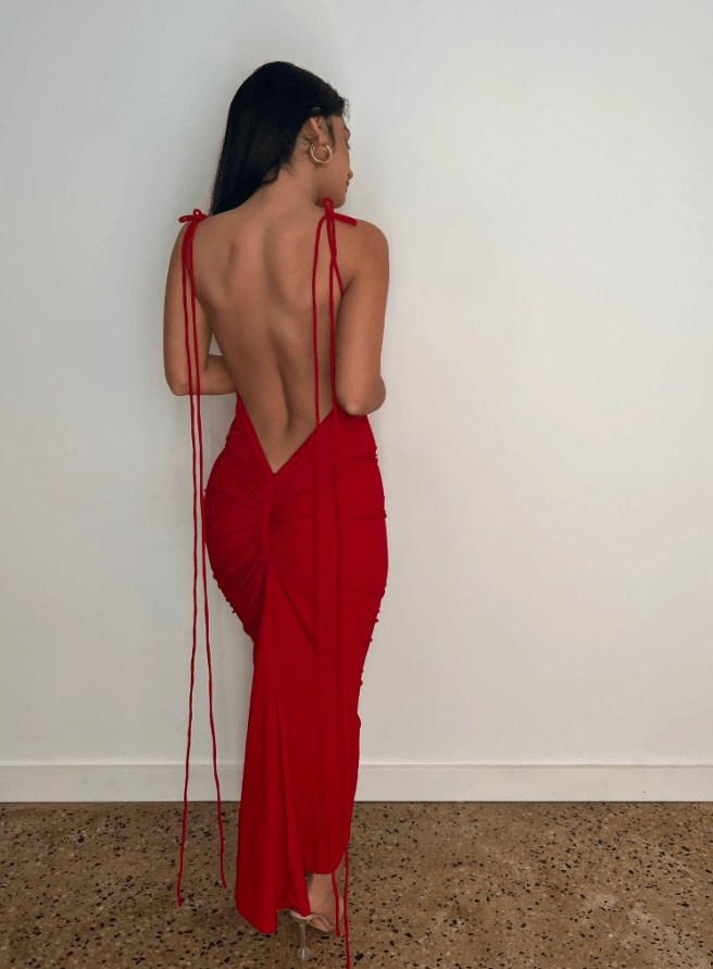 AZARI RED RUCHED BACKLESS MAXI DRESS - Red