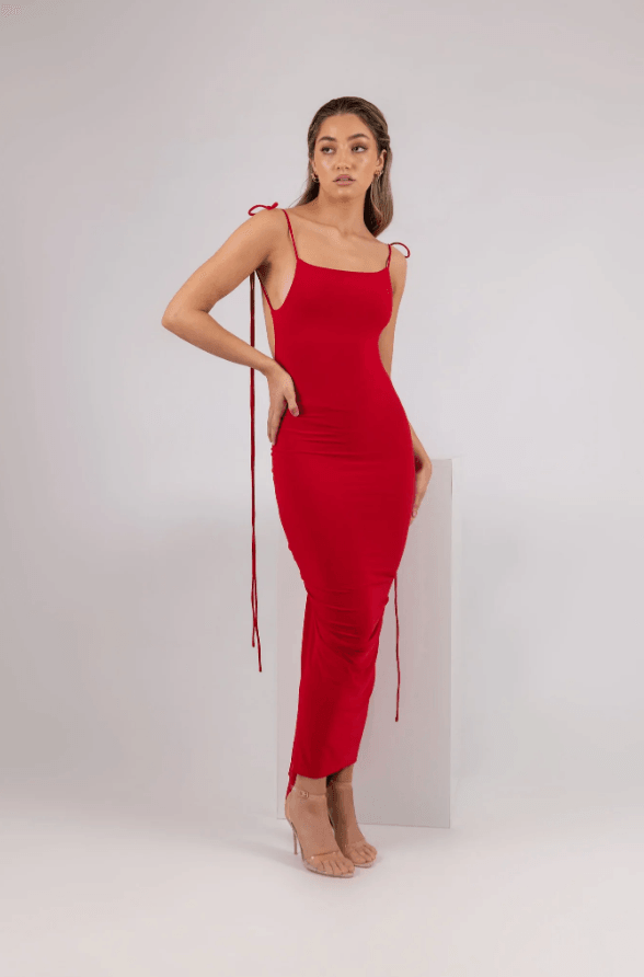 AZARI RED RUCHED BACKLESS MAXI DRESS - Red