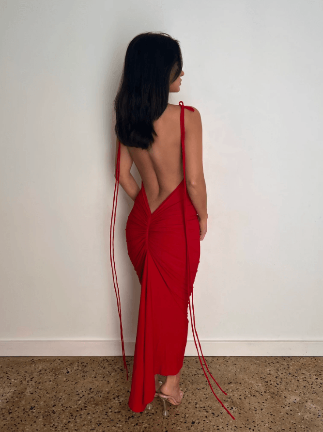 AZARI RED RUCHED BACKLESS MAXI DRESS - Red