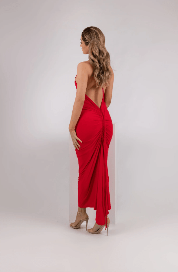 AZARI RED RUCHED BACKLESS MAXI DRESS - Red