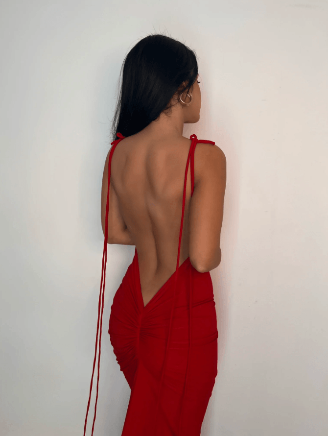 AZARI RED RUCHED BACKLESS MAXI DRESS - Red