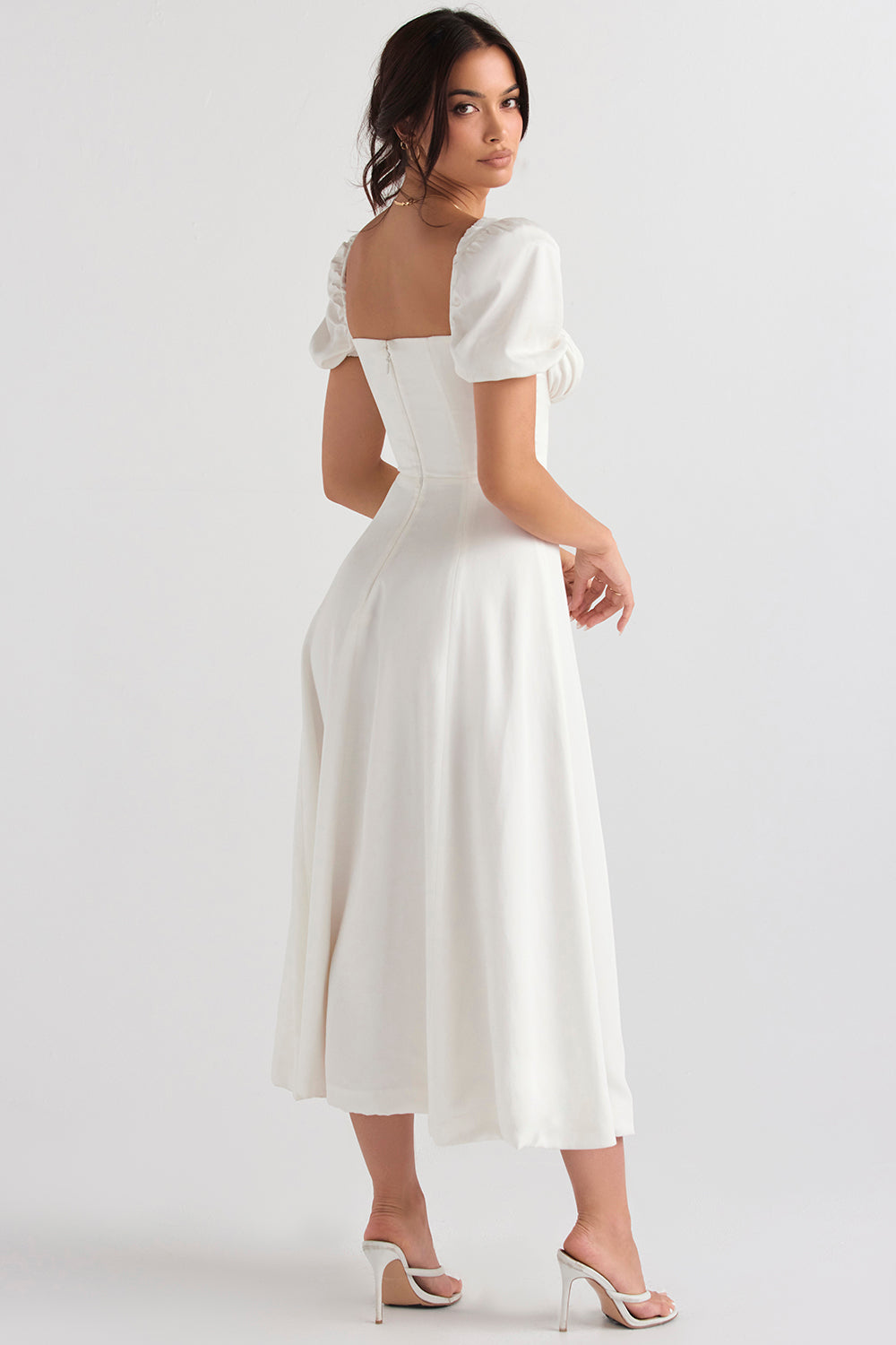 TALLULAH WHITE PUFF SLEEVE MIDI DRESS - White