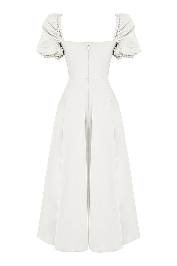 TALLULAH WHITE PUFF SLEEVE MIDI DRESS - White