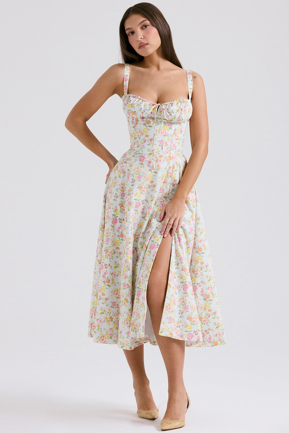 CARMEN PALE BLUE MEADOW PRINT COTTON BUSTIER SUNDRESS MIDI DRESS - White