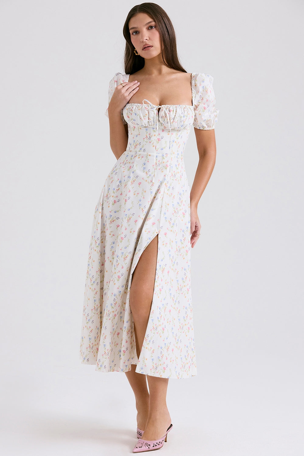 TALLULAH WHITE POSY PRINT COTTON PUFF SLEEVE MIDI SUNDRESS - White