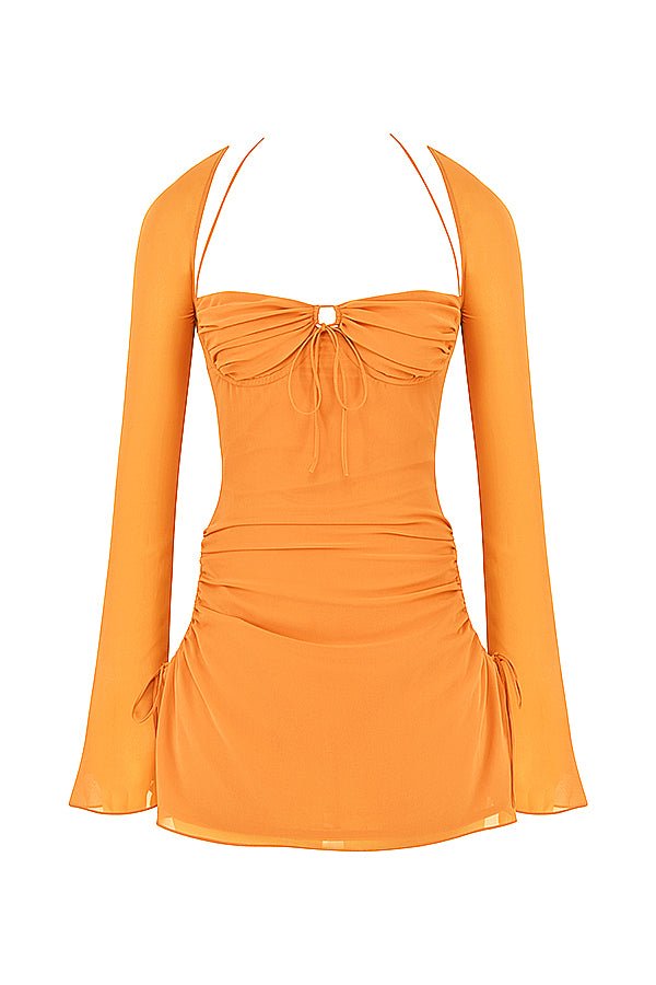 BABY TANGERINE CHIFFON HALTER MINI DRESS - Orange