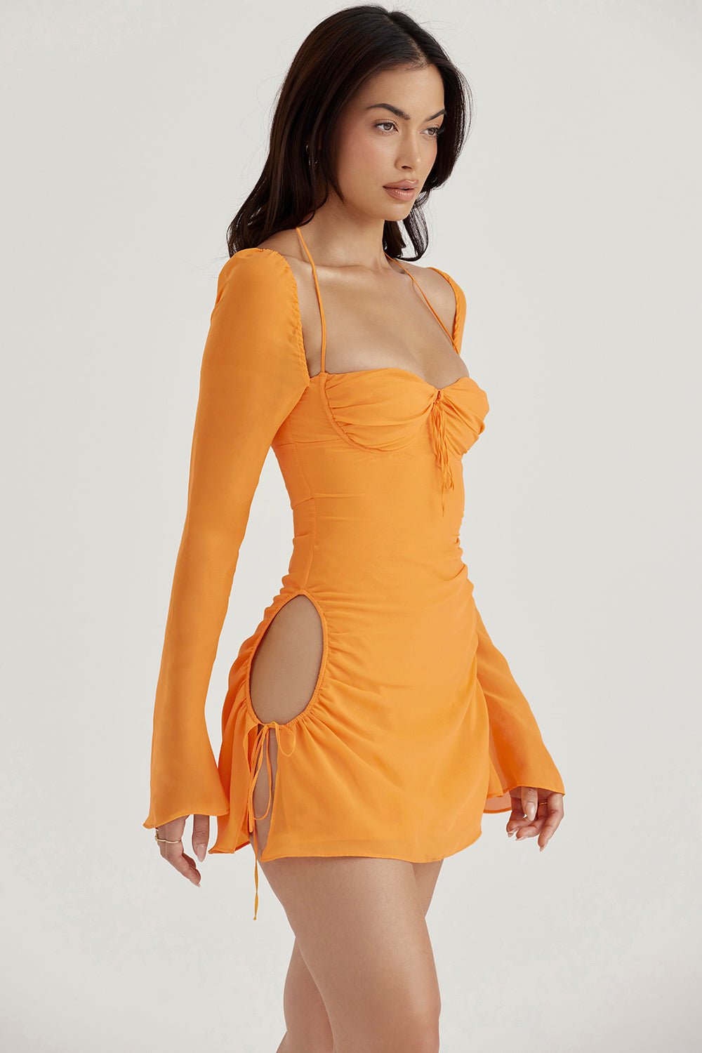 BABY TANGERINE CHIFFON HALTER MINI DRESS - Orange