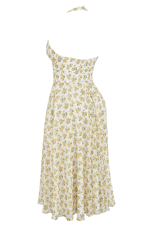 SOLADA IVORY VINTAGE FLORAL PRINT GEORGETTE HALTER SUNDRESS MIDI DRESS - White