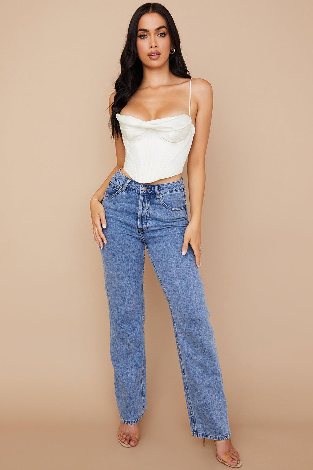 BEA Ivory Satin Draped Corset Top - White