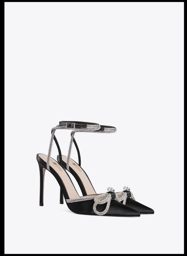 LUNA Midnight Silver Wrap Around Diamante Bow High Heels - Black