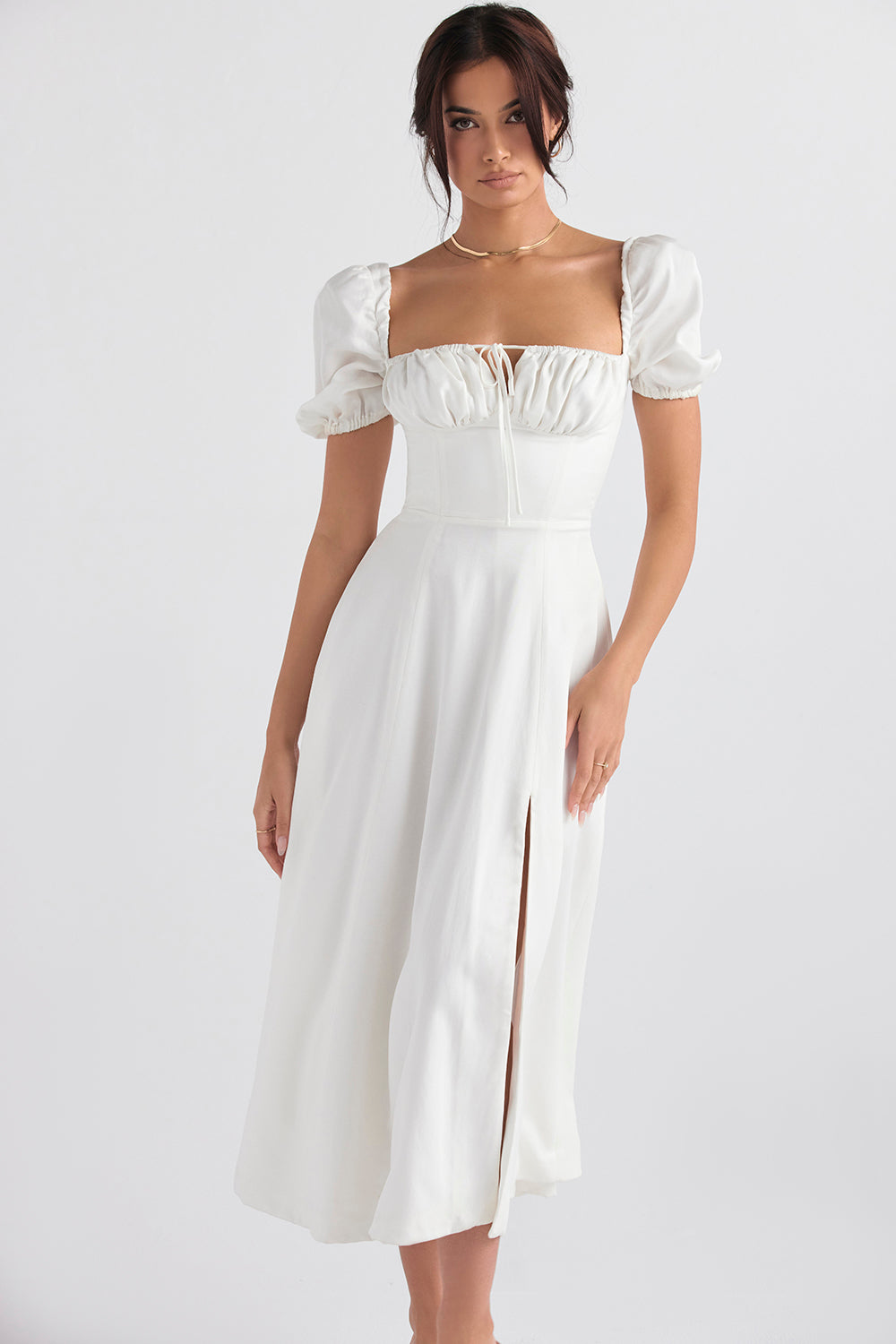 TALLULAH WHITE PUFF SLEEVE MIDI DRESS - White