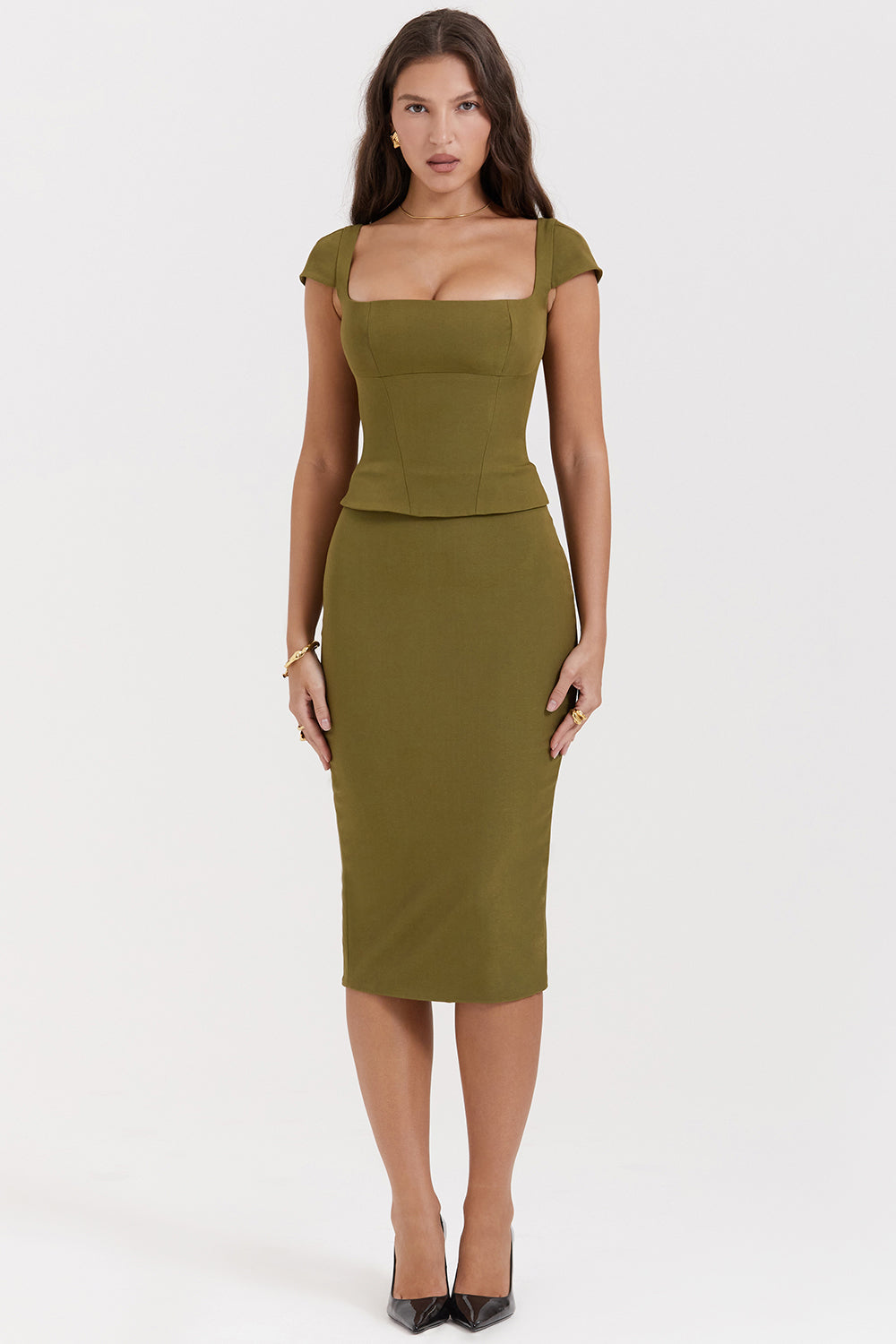 LAYANA OLIVE CORSET MIDI DRESS - Olive green