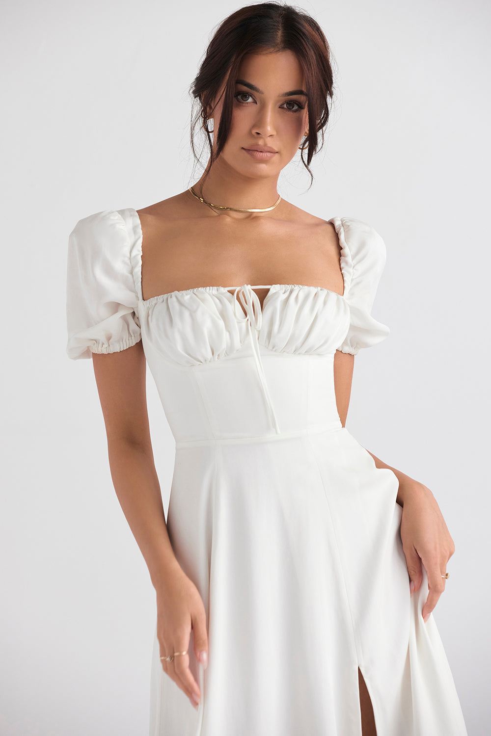 TALLULAH WHITE PUFF SLEEVE MIDI DRESS - White