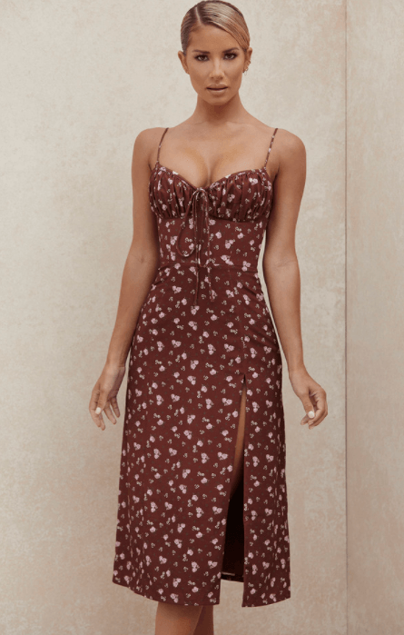 CARINA WINE FLORAL BUSTIER MIDI DRESS - Red