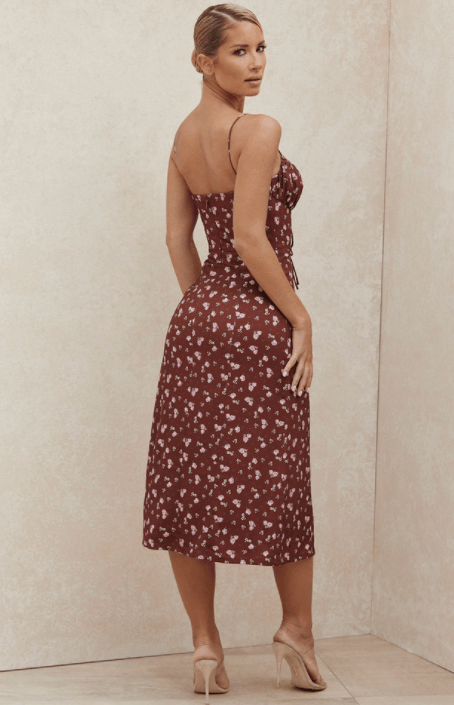 CARINA WINE FLORAL BUSTIER MIDI DRESS - Red