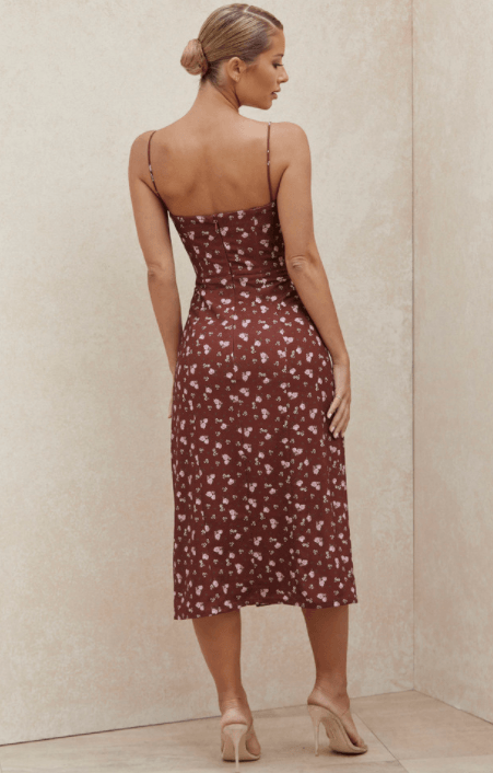 CARINA WINE FLORAL BUSTIER MIDI DRESS - Red