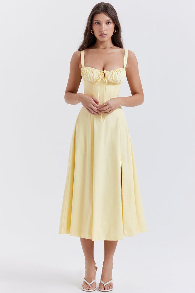 buttercup yellow bridesmaid dresses CARMEN BUTTERCUP BUSTIER MIDI DRESS