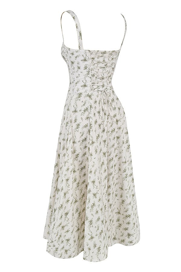 CARMEN GARDEN PRINT BUSTIER SUNDRESS MAXI DRESS - White / Green