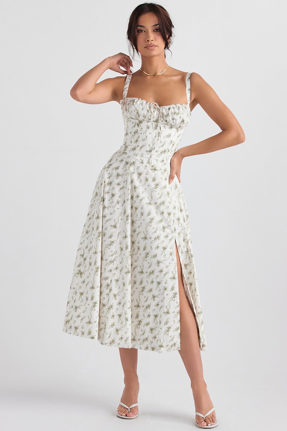 CARMEN GARDEN PRINT BUSTIER SUNDRESS MAXI DRESS - White / Green