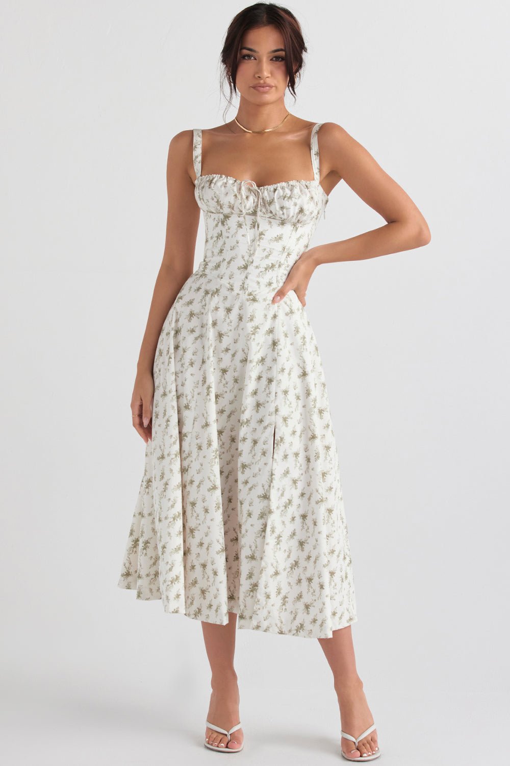 CARMEN GARDEN PRINT BUSTIER SUNDRESS MAXI DRESS - White / Green